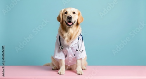 Cute dog wearing a doctor's outfit with a stethoscope, sitting on a pastel table. whimsical, with copy space and soft studio lighting