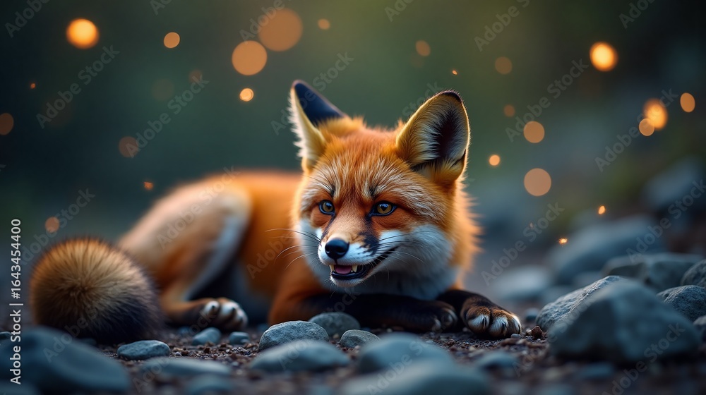 Fototapeta premium Playful Fox Relaxing in a Forest Clearing with Bokeh Lights