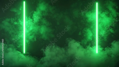 Dark background with vibrant green neon lines and smoke