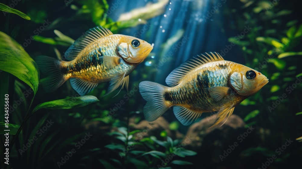 Naklejka premium Two vibrant, gold and teal fish swim in a lush aquarium