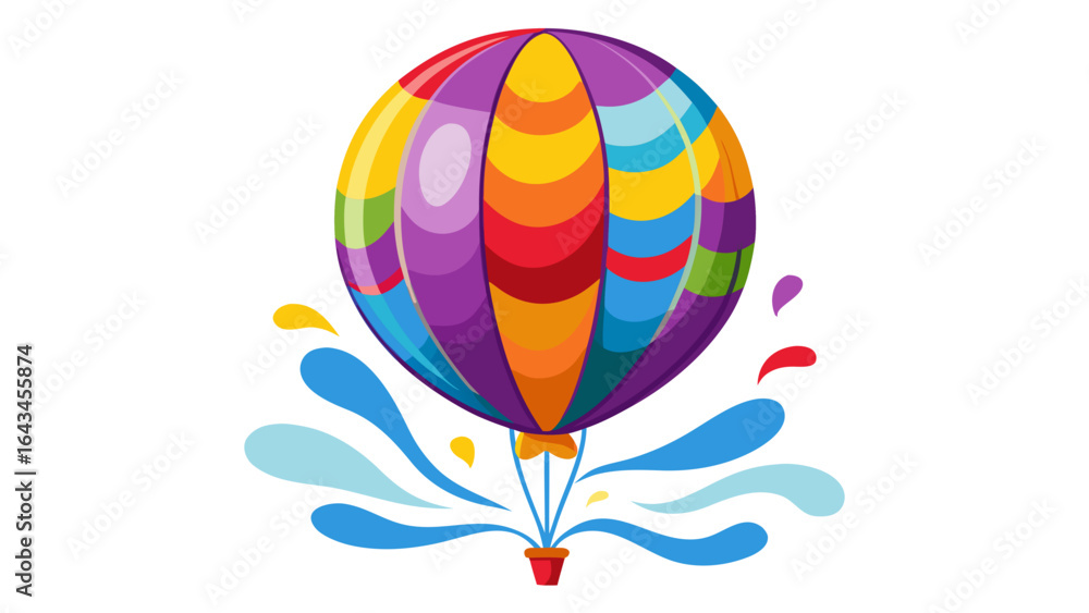Obraz premium Vector art of vibrant hot air balloon with colorful stripes floating above splashing water, isolated on white background