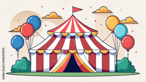 Vector art of a vibrant striped circus tent with colorful balloons and festive bunting, set against a bright sky with clouds, evoking a sense of fun and celebration at a traditional fairground event