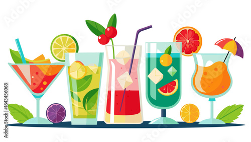 Vector art of assortment of colorful summer cocktails and refreshing beverages with fruits, garnishes, and umbrellas, ideal for parties, gatherings, and celebrations