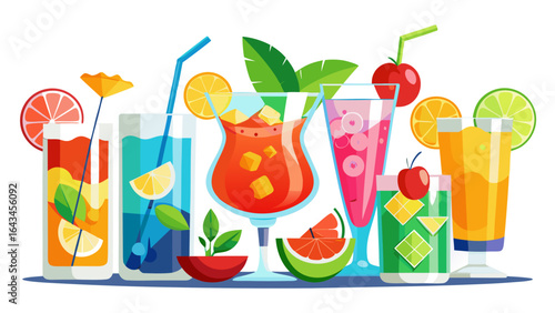Vector art of a vibrant collection of colorful summer cocktails and refreshing beverages with fruits, mint, and ice, perfect for parties and celebrations