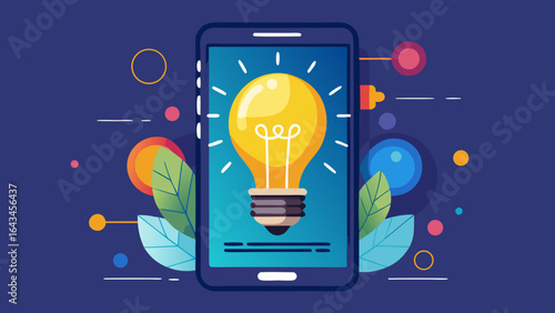 Vector art of a glowing lightbulb inside a smartphone screen, surrounded by abstract leaves and shapes, representing a bright idea and technological innovation