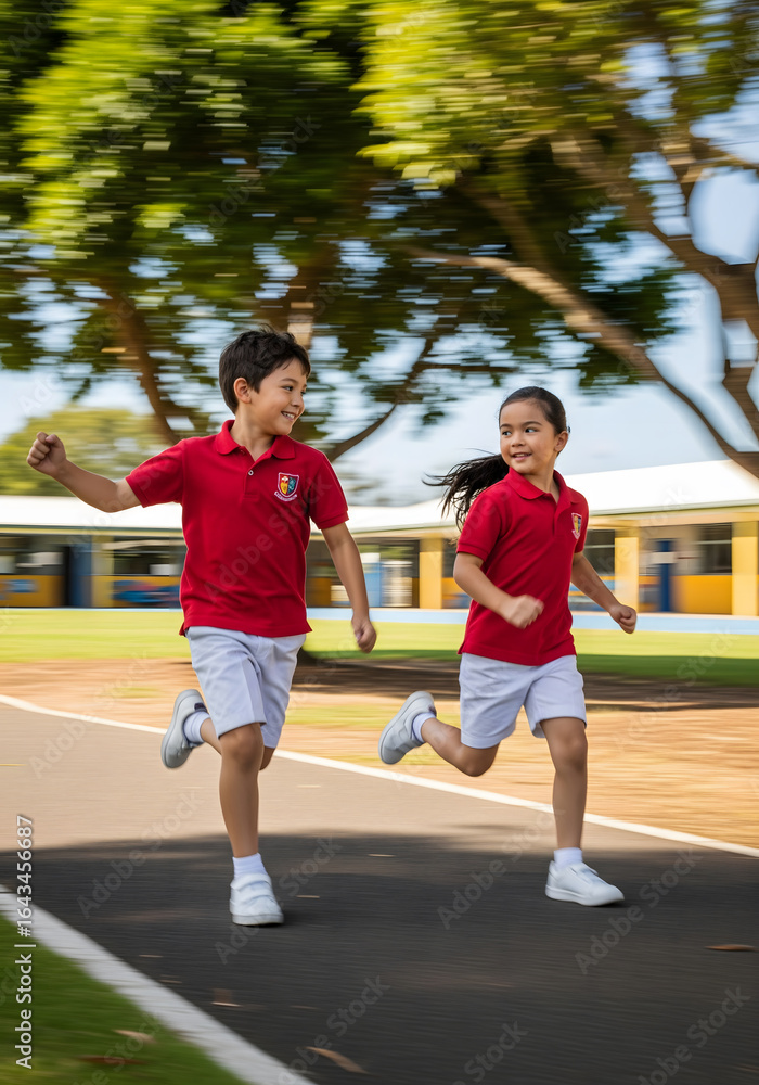 Obraz premium A cheerful young boy and girl are running on a path, both in red shirts and white shorts, appearing happy and energetic on a sunny day