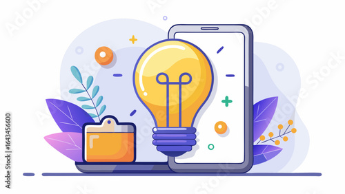 Vector art of a glowing yellow lightbulb in front of a smartphone, representing a bright idea or technological innovation, with decorative elements and a white background