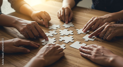Team working on a business strategy, represented by a puzzle.

