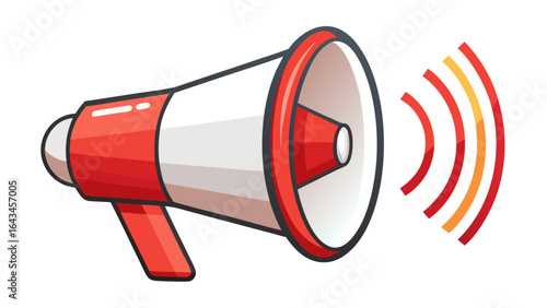 Vector art of a red and white megaphone emitting sound waves, symbolizing communication and announcements, isolated on white background