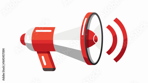 Illustration of a red and white megaphone projecting sound waves, representing an important announcement or alert, isolated on white background