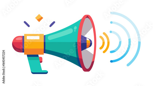 Vector art of teal and orange megaphone with sound waves emanating from it, isolated on white background