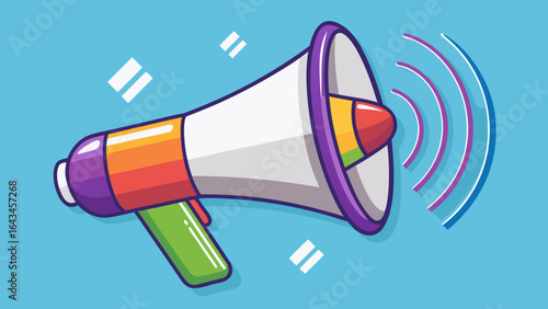 Vector art of a vibrant, colorful illustration of a megaphone emitting sound waves, representing loud communication, announcements, and public address with a playful design