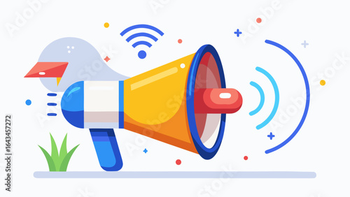 Vector art of a stylized illustration of a megaphone with sound waves emanating from it, symbolizing communication and announcements, featuring a subtle duck silhouette and wifi signal