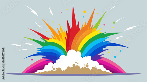 Vector art of a vibrant explosion of rainbow colors, paint, and powder bursts outwards, creating a dynamic and energetic abstract design perfect for celebrations and festive themes