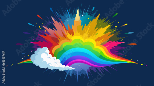 Vector art of a vibrant explosion of rainbow colors, paint, and powder bursts outwards, creating a dynamic and energetic abstract design perfect for celebrations and festive themes