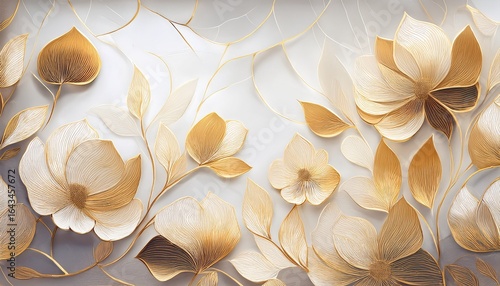 abstract spring floral botanical flower gold brush line art texture background illustration