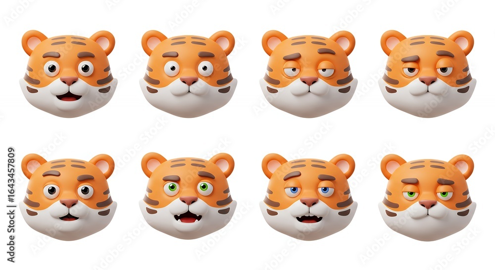Fototapeta premium Cartoon tiger faces with different emotions