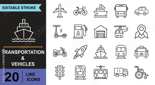 Transportation and Vehicles Editable Line Icons Set - Set of 20 editable stroke line icons representing various transportation modes and vehicles, ideal for travel, logistics, and mobility design
