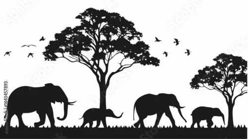 Fototapeta Silhouette of elephants walking near trees with birds flying overhead in a monochrome landscape scene |  editable eps vectors