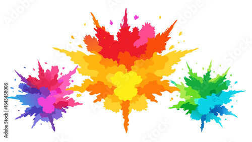 Vector art of three colorful powder explosions with vibrant splashes and bursts, isolated on white background