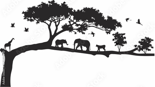 Silhouette of african animals on a tree branch with birds flying around in a black and white scene |  editable eps vectors