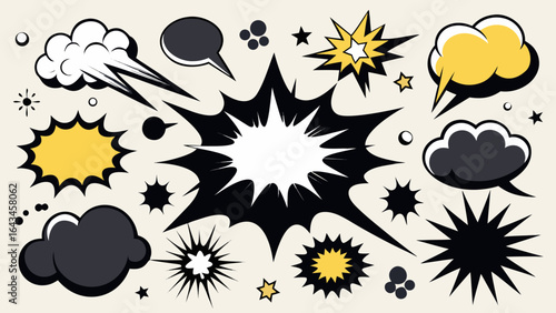 Vector art of collection of comic book speech bubbles and explosion sound effects in various styles, perfect for graphic design and storytelling elements
