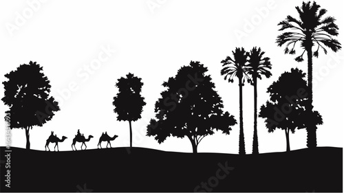 Silhouette of camels traversing a landscape with various trees and palm trees in monochrome style art |  editable eps vectors
