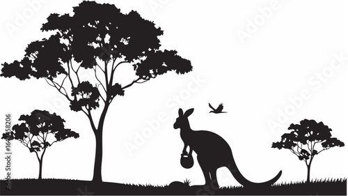 Silhouette of a kangaroo carrying a pot with trees and a bird in the background on a white background |  editable eps vectors