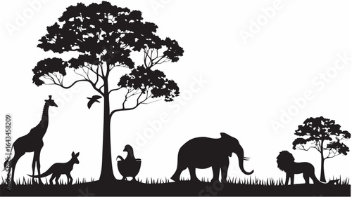 Silhouette of african animals including giraffe kangaroo elephant and lion under trees in a landscape |  editable eps vectors