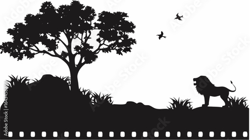 Silhouette of a lion roaring near a tree with birds flying above in a black and white landscape scene |  editable eps vectors