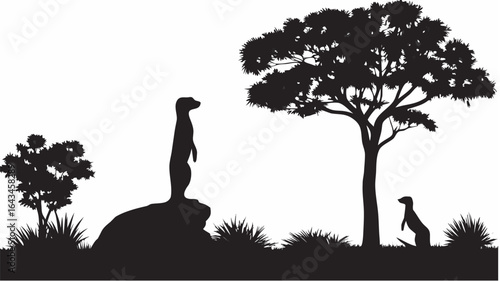 Silhouette illustration of meerkats standing near trees and grass in a landscape setting outdoors |  editable eps vectors
