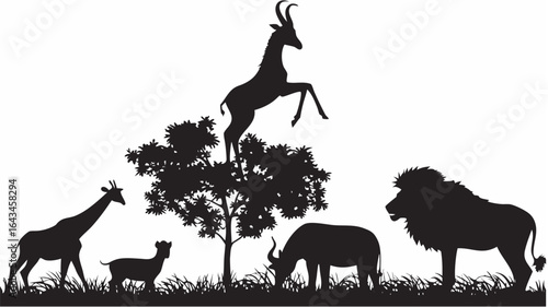 Silhouette of giraffe antelope lion and other animals in a wildlife scene with tree and grass vector art |  editable eps vectors