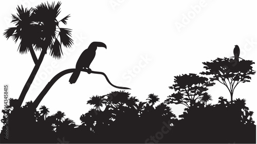 Silhouette of toucan perched on branch with palm tree and eagle in the distance in a jungle setting |  editable eps vectors