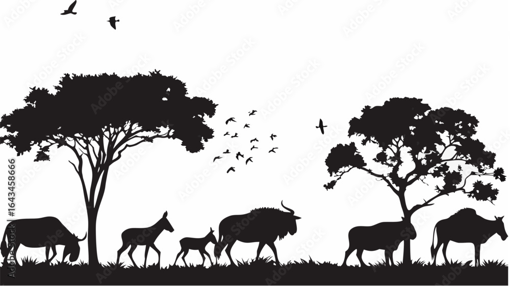 Fototapeta premium Silhouette of african wildlife under trees and birds in flight against white background landscape art | editable eps vectors