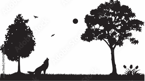 Silhouette of wolf howling at the moon between trees with birds flying in the sky at night scene |  editable eps vectors
