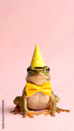 A frog wearing a party hat and bow tie against a pastel pink background