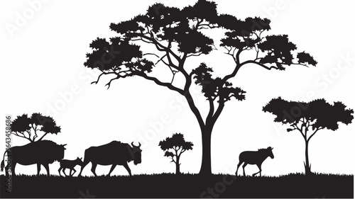 Silhouette of wildebeests and zebra grazing under trees in an african savanna landscape scene art design |  editable eps vectors