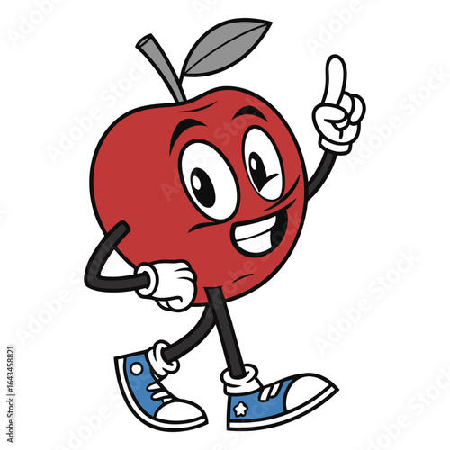 A funny red cartoon apple character with a mischievous smile, holding a cigarette and looking happy