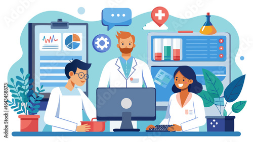 Vector art of healthcare professionals working together in a medical office, analyzing patient data on a computer and reviewing charts, highlighting the importance of teamwork in medicine