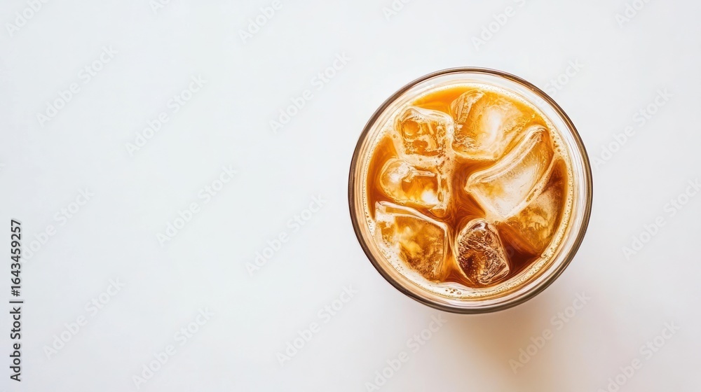 Fototapeta premium Overhead view of iced coffee in a clear glass