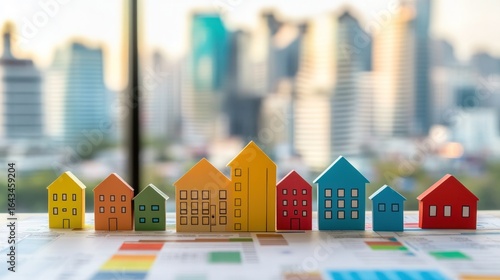 Colorful miniature houses in front of city skyline