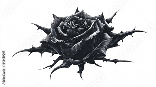 Enigmatic Black Rose with Thorns Isolated on White Background