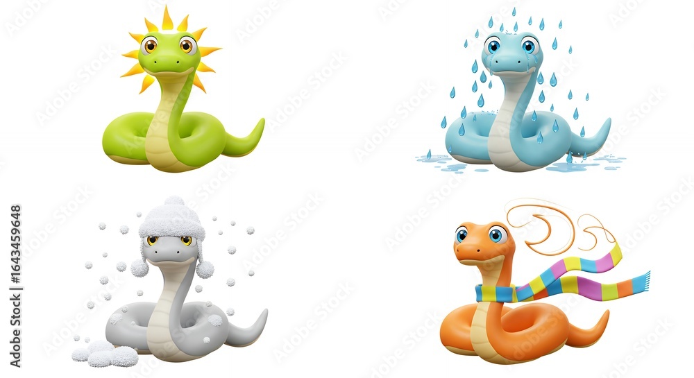 Fototapeta premium Four cartoon snakes representing seasons
