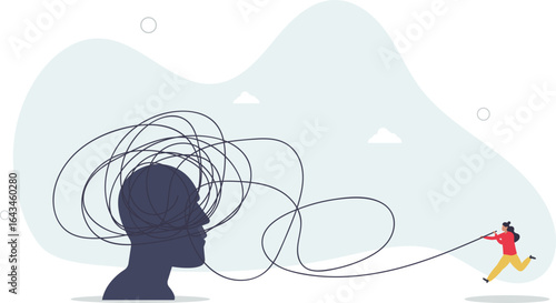 Woman character solve mental problems, learn self accepting and how to find herself.confusion of thoughts. knot symbolizing illness.human life.