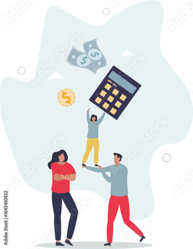 Family income .Characters planning and bookkeeping budget and household spending.flat vector illustration.human life.