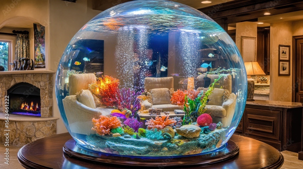 Fototapeta premium Large, round aquarium with colorful fish and coral, situated in a home interior