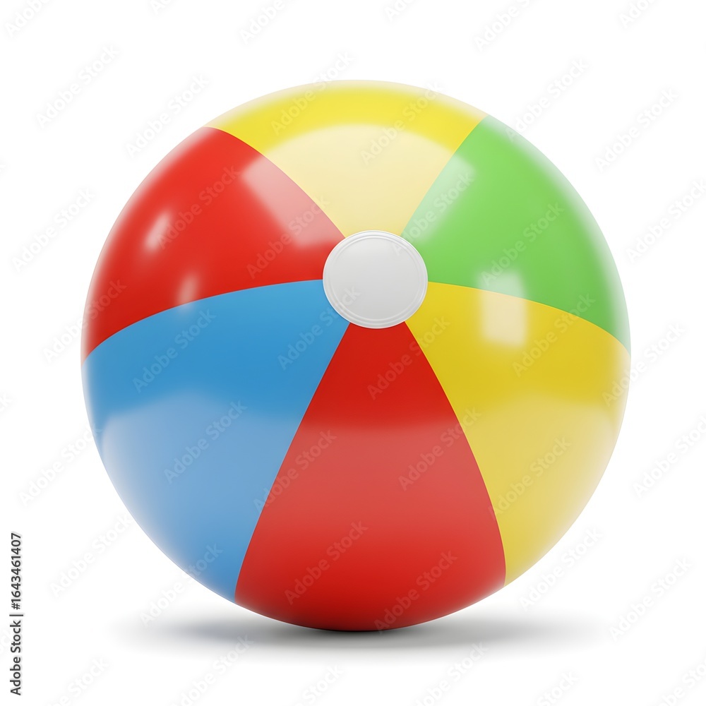 Obraz premium Classic colorful inflatable beach ball with bright red, yellow, blue, green and white stripes isolated on white background. Perfect for summer and vacation themes