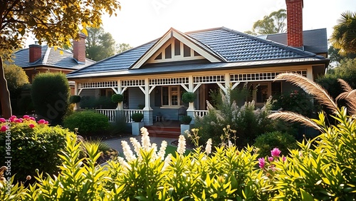 A charming suburban home bathed in afternoon sunlight with a lush garden.