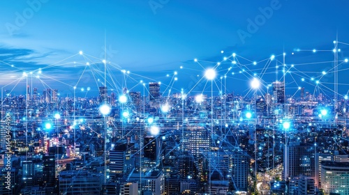 Wallpaper Mural Cityscape at night, interconnected by glowing network lines Torontodigital.ca