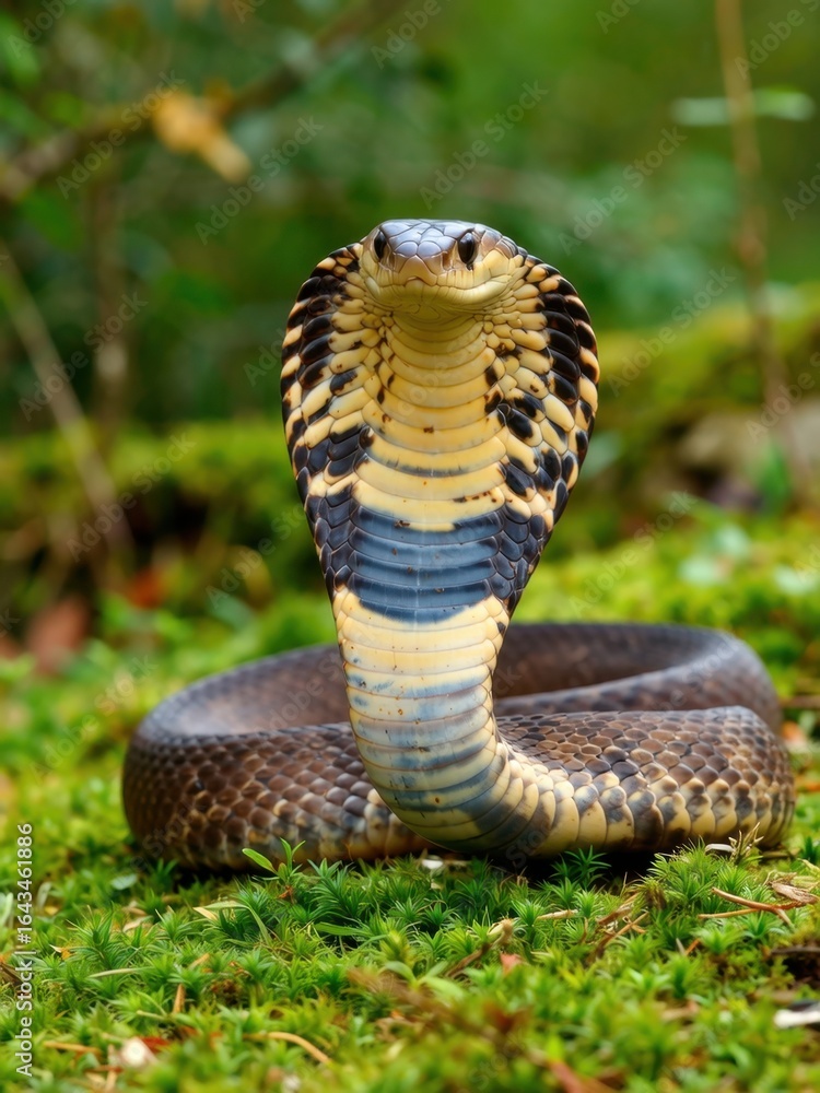 Fototapeta premium Majestic cobra displaying defensive posture lush forest wildlife photography serene environment close-up nature conservation